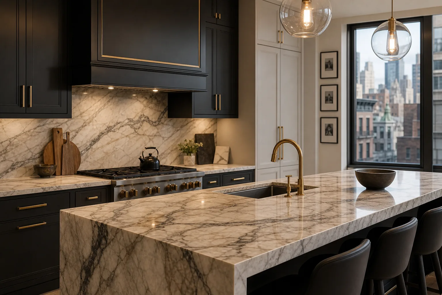 Marble-veined waterfall island and full-height backsplash in a city apartment kitchen with black cabinetry